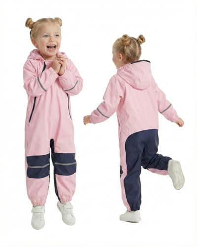 DivingBirds Kids Toddler Rain Suit Waterproof Coverall, Hooded Full-Body Raincoat for Boys & Girls, Puddlesuit with Reflective Strips for Outdoor Play,Muddy Days,Pink,5-6 Years