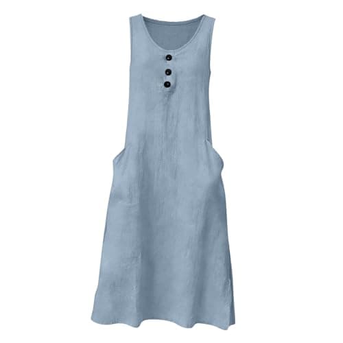 Frostluinai Sun Dresses Women Trendy 2026 Linen Midi Dresses for Women Summer Solid Boho Beach Dress Crew Neck Sleeveless Sundresses with Pockets Light Blue — view 5
