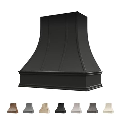 Riley & Higgs Black Wood Kitchen Range Hood Cover, Curved Front Wall Mount Vent Hood, Decorative Strapping & Classic Trim, Plywood with Maple, 49.5” W x 48” H
