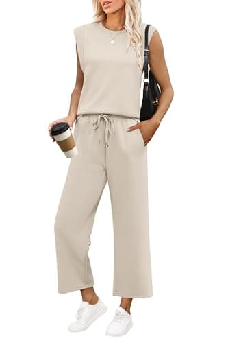 SAMPEEL Two Piece Sets for Women Lounge Casual Fall Outfits Beach Vacation Matching Sets Women Clothing Summer Trendy Sleeveless Tops Wide Leg Crop Pants Beige S