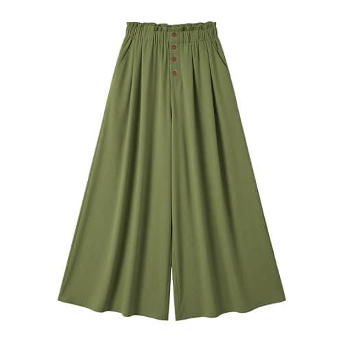 Palazzo Pants Women Summer Elastic High Waisted Wide Leg Flowy Pants for Beach Vacation Comfy Trousers with Pockets Green — view 2