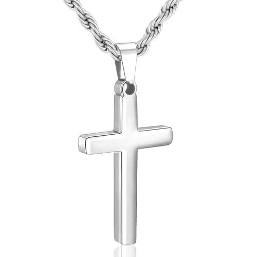 HEYOLL Cross Necklace for Men Silver Cross Chain Pendant Necklace for Mens Gifts Christian Father's Day Jewelry Gifts for Him 20inch