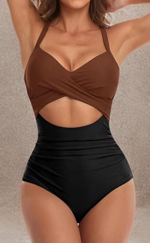 Eomenie Women's One Piece Swimsuits Tummy Control Cutout High Waisted Bathing Suit Wrap Tie Back 1 Piece Swimsuit Caramel, Black — view 3