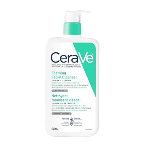 CeraVe Foaming Face Wash, Gel Face Cleanser for Normal to Oily Skin, Removes Excess Oil & Dirt, with Hyaluronic Acid, Niacinamide & Ceramides, Fragrance-Free, Recommended by Dermatologists, 562mL
