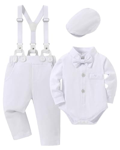 SOLOYEE Newborn Baby Boy Clothes Suits 3-6 Months Baby Boys Baptism Formal Wedding Outfits Long Sleeve Dress Shirt + Suspender Pants + Bowtie + Beret Gentleman Christening Set (White, 3-6 Months)