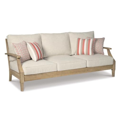 Signature Design by Ashley Clare View Outdoor Patio Sofa, 4 Throw Pillows, Nuvella Weather Resistant Fabric, Eucalyptus Wood, 81" W x 35" D x 32" H, Beige