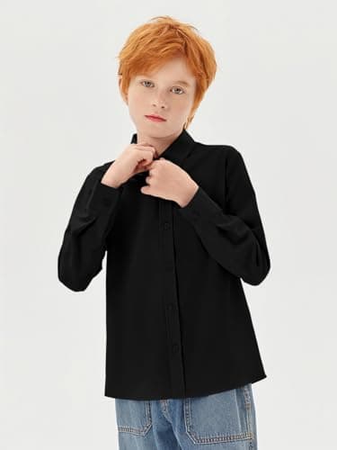 Haloumoning Boys Long Sleeve Dress Shirts Kids Classic Collared Button-Down Shirt School Uniform Shirts 5-14 Years, Black, 9-10 Years — view 2