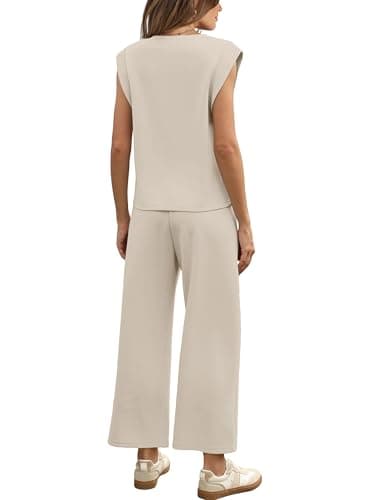 SAMPEEL Two Piece Sets for Women Lounge Casual Fall Outfits Beach Vacation Matching Sets Women Clothing Summer Trendy Sleeveless Tops Wide Leg Crop Pants Beige S — view 3