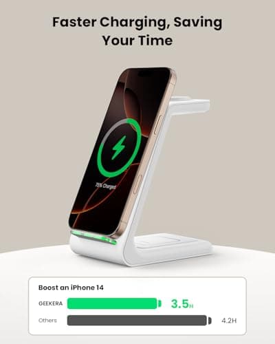Wireless Charging Stand, GEEKERA 3 in 1 Wireless Charger Dock Station for iPhone 17 16 15 14 13 12 11 Pro Max Plus/X/8 Series, Apple Watch Ultra/11/10/9/SE/8/7/6/5/4/3/2, AirPods Pro/4/3/2 — view 3