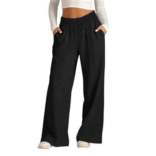 Rseomihvy Women's Cotton Linen Pants Summer Straight Wide Leg Trousers Drawstring Elastic Waist Loose Beach Vacation Outfits Black
