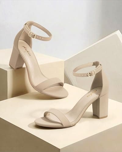 Ankis Nude Heels for Women - Open Toe Ankle Strap Chunky Heel Pump Sandals Party Wedding Strappy Buckle Sandals 2.75 Inches(Nude Nubuck, numeric_8) — view 2