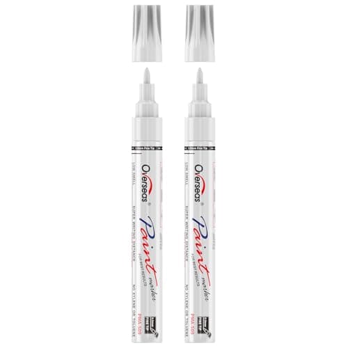 Overseas Oil-Based Fine Tip Paint Marker Pen - 2 Pack White 0.9mm Fine Nib Permanent Markers, Quick Dry, Waterproof, Fade Resistant Paint Pens for Metal, Wood, Rock, Plastic, Ceramics, Rubber, Glass