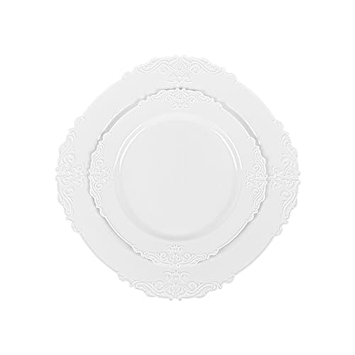 PLASTICPRO 64 Pack Elegant Disposable Plastic Plates Combo Set Includes 32 Dinner Plates and 32 Salad Heavy Duty Fancy Party Plates White Embossed Victorian Design — view 4