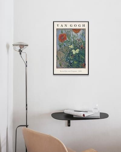 Framed Canvas Print Wall Art Butterflies And Poppies Flowers Painting Reproduction Ready To Hang Living Room Bedroom Kitchen Office Home Decor 16"x 24" Black Framed — view 4