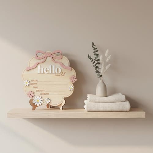 TTMerriwood Hello World Wooden Baby Birth Announcement Sign with Pink Bow, Cloud Shape Floral Newborn Name Date Time Weight Length Board, Baby Girl Nursery Photo Prop (Light Pink) — view 6