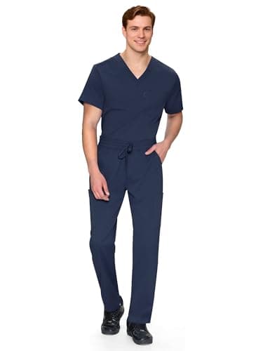 Scrubs for Men Set - V-Neck Scrub Top and Straight Leg Pants with 11 Pockets, Elastic Drawstring Men Scrubs set, Navy Blue, M — view 5