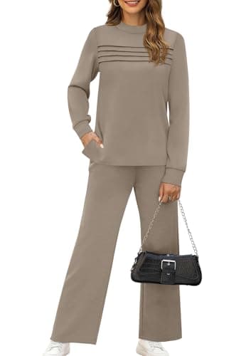 2 Piece Set for Women Fall Outfits 2026 Fashion Vacation Lounge Sets Long Sleeve Matching Sets Women's Clothing Wide Leg Crop Pants Set Travel Airport Sweat Set Cruise Teacher Western Outfit S