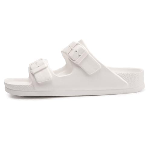 FUNKYMONKEY Women's Comfort Slides with Arch Support, Non-Slip Lightweight Foam Slip-on Flat Beach Sandals with Adjustable Buckle for Vacation & Everyday Wear(8 M US-Women, White) — view 3