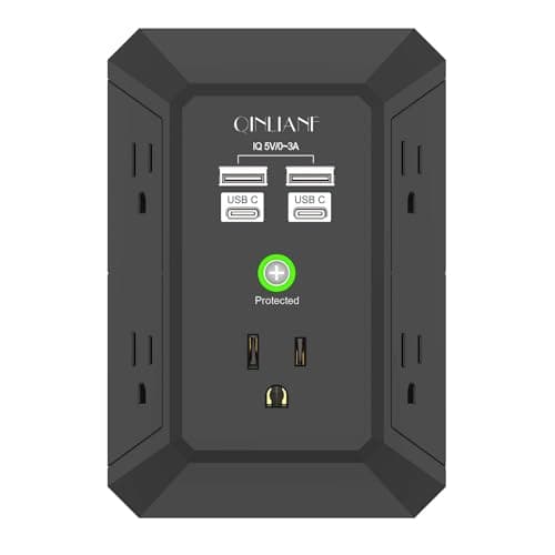 USB Wall Charger, Surge Protector, QINLIANF 5 Outlet Extender with 4 USB Charging Ports(2U2C) 3-Sided 1680J Power Strip Multi Plug Outlets Wall Adapter Spaced for Home Travel Office,Black