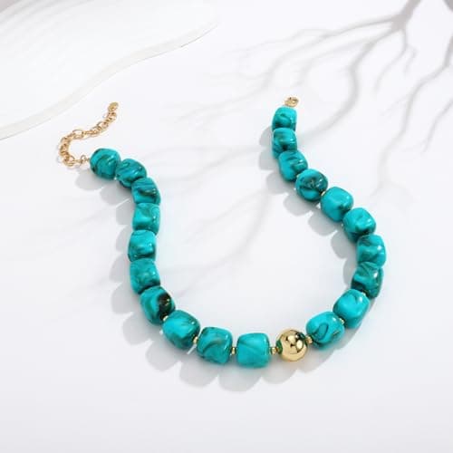 TENTMENTISE Chunky Necklaces for Women, Turquoise Beaded Necklace for Women Trendy, Gold Plated Chunky Turquoise Boho Choker Necklaces, Womens Summer Beach Jewelry Gifts for Vacation Holiday — view 6