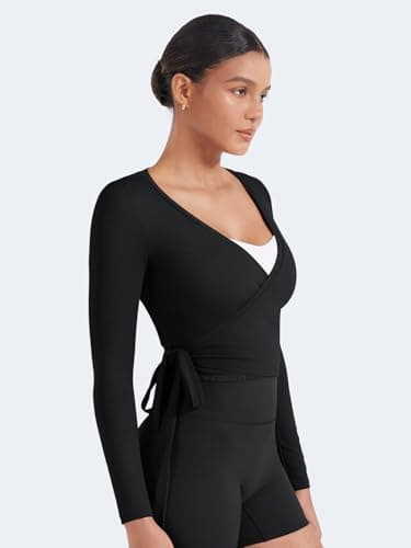 YEOREO Women Pilates Wrap Top Long Sleeve Tie Ballet Workout Yoga Shirt Michelie Y2K V Neck Cropped Tops, Black, Small — view 5