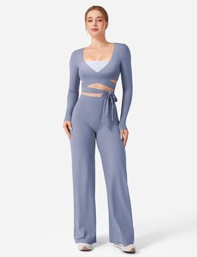 YEOREO Dagney Women‘s Long Sleeve Workout Wrap Top Self Tie V-Neck Dance Shirt for Pilates Yoga Ballet Active Blouses, Granite Blue, Small — view 4