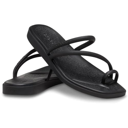 Crocs Women's Miami Toe Loop Sandals | Square Toe Flat | Flexible Straps | Croslite Foam Footbed, Black, 8