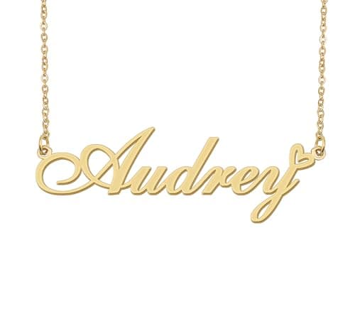 Aoloshow Audrey Name Necklace Heart Charm Pendant 18k Gold Plated Stainless Steel Jewelry for Womens Graduation