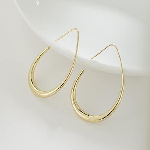 Lightweight Teardrop Hoop Earrings for Women - 14k Gold/White Gold Plated Large Oval Pull Through Hoop Earrings High Polished Statement Jewelry Gift for Women(gold 30 * 18) — view 2