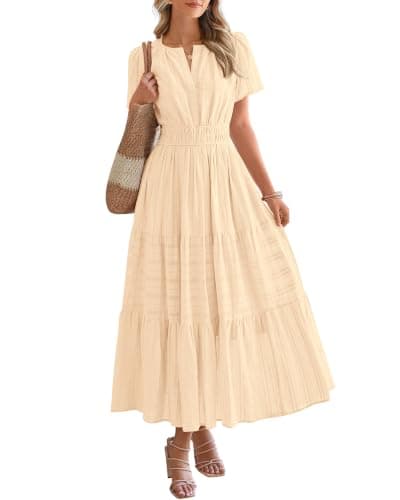 BTFBM Womens Summer 2026 Casual Midi Maxi Dresses Lightweight Short Sleeve V Neck Elastic Waist Boho Beach Dress Pockets(Apricot, Small)