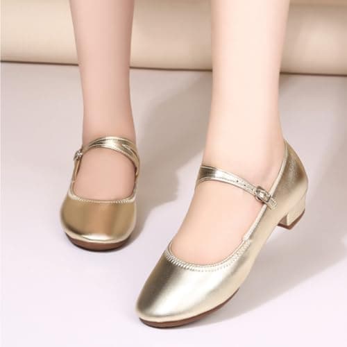 Women’s Latin Ballroom Dance Shoes Ballet Heels, Mary Jane Pumps with Ankle Strap - Chunky Low Heel Closed Toe for Women Wedding Party Tango Practice (Gold,8.5) — view 2