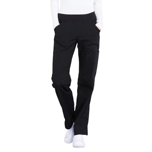 Cherokee Women's Scrub Pants Mid Rise Straight Leg Pull-on Cargo Pant with 6 Pockets & 2-Way Stretch Fabric - WW170, S, Black