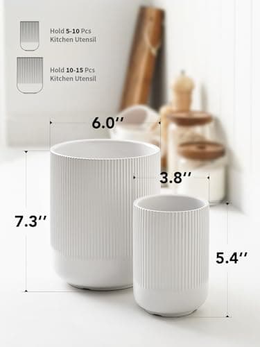 LE TAUCI Utensil Holder for Kitchen Counter, 7.3"+5.4" Fluted Ceramic Utensil Crock Organizer for Countertop, Heavy Large Holder for Spatulas, Spoons, Set of 2, White, Kitchen Counter Decor — view 5
