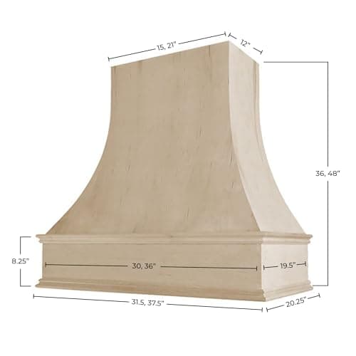 Riley & Higgs Unfinished Wood Kitchen Range Hood Cover, Curved Front Wall Mount Vent Hood, Classic Trim, Plywood with Maple, 31.5” W x 36” H - Quick Ship — view 2