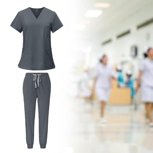 YIJU Female Scrub Set Nurse Workwear V Neckline Professional Machine Washable Top and Joggers Pant Work Clothing for Beauty Center, Gray, M — view 2