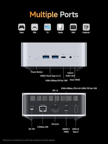 MINISFORUM M1 Pro-125H Mini PC Intel Core Ultra 5 125H (14C/18T, Up to 4.5Ghz), 32GB DDR5 1TB SSD, Mini Computers HDMI2.1/DP1.4/2xUSB4 Quad Display, 2.5G LAN, OCuLink, Dual Speaker/DMIC, WiFi 7, BT5.4 — view 7