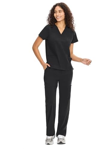 Scrubs for Women Set Medical Uniform - V-Neck Top & Straight Leg Pants with 9 Pockets, Wrinkle-Resistant Unisex Workwear, Black, M — view 7