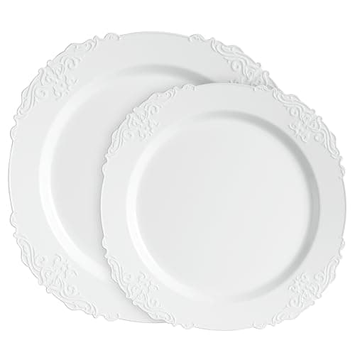 PLASTICPRO 64 Pack Elegant Disposable Plastic Plates Combo Set Includes 32 Dinner Plates and 32 Salad Heavy Duty Fancy Party Plates White Embossed Victorian Design — view 5