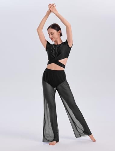 ODASDO Lyrical Dance Costume Women Modern Contemporary Two Piece Outfit Short Sleeve Crop Tops with Mesh Wide Leg Pants Set, Black, X-Small — view 5