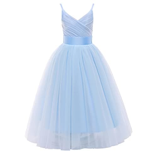 Glamulice Flower Girl Dress Light Blue Lace Bridesmaid Long A Line Princess Wedding Pageant Dresses Tulle Spaghetti Strap 11 12 Kids Formal Communion Dance Ball Gown Elegant Evening Ballgown Christmas