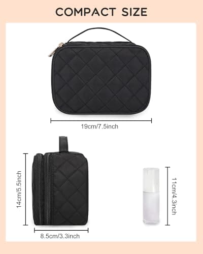 Relavel Small Makeup Bag, Travel Cosmetic Bag with Makeup Brush Compartment, Cute Make Up Pouch for Women, Double Layer Toiletry Organizer for Short Trip, Office - Black — view 2