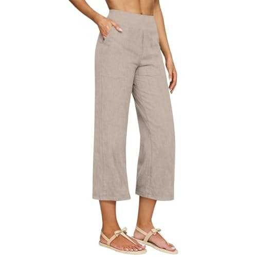 Women's Linen Capri Pants Straight Leg Dressy Slacks Elastic Waist Beach Capris High Waist Lounge Cropped Pants