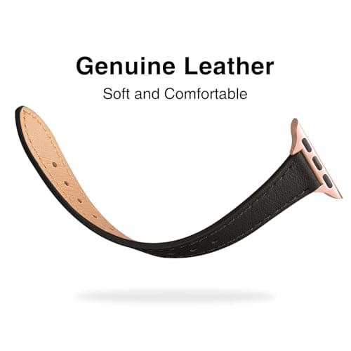 STIROLL Slim Leather Bands Compatible with Apple Watch Band 38mm 40mm 41mm 42mm(Series 11 10), Top Grain Leather Watch Thin Wristband for iWatch SE 9 8 7 6 5 4 3 2 1 (Black Rose Gold) — view 3