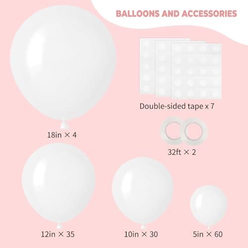 RUBFAC White Balloons 129pcs Different Sizes 18 12 10 5 Inch for Garland Arch, Latex Balloon for Engagement Wedding Anniversary Birthday Party Baby Shower Decoration