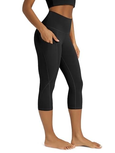 ODODOS Women's High Waisted Yoga Capris with Pockets,Tummy Control Non See Through Workout Sports Running Capri Leggings, Black,Medium
