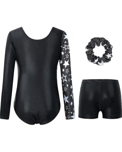 JiAmy Gymnastics Leotards for Girls, Long Sleeve Biketards Sparkly Dance Unitard with Shorts Athletic Bodysuit Outfit for Kids, Black 9-10 years
