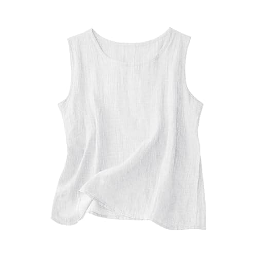 Off Shoulder Top for Women Womens Tank Top Boho Tops for Women Cotton Linen Sleeveless Summer Casual Loose Shirts 2026 Hawaiian Boho Crew Neck Gauze Basic Camisole White M