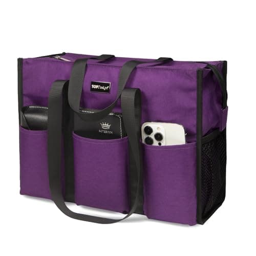TOPDesign Utility Water Resistant Tote Bag with 13 Pockets, Top Zipper Closure & Thick Bottom Support, for Working Women, Purple, Large, Classic