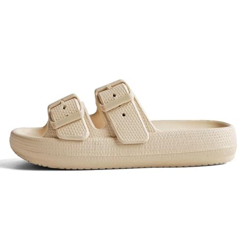 GETOEU Cloud Slides for Women and Men Adjustable Double Buckle Pillow Slides Slip Resistant Shower Shoes Recovery Slide Sandals Cushion Platform Heel Pillow Slippers Comfort Indoor and Outdoor Slide,Beige — view 3