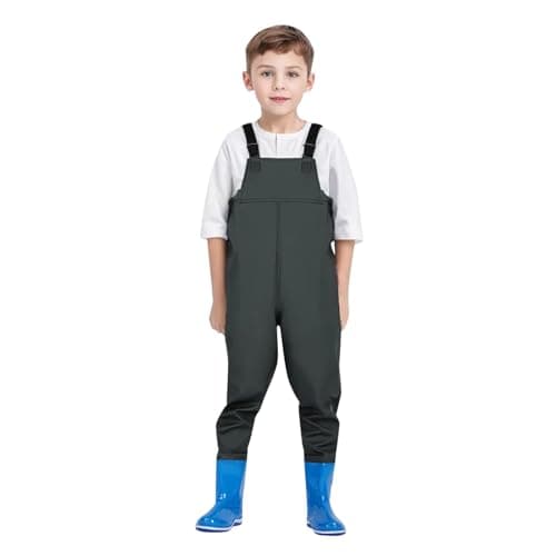 Toddler Kids Waterproof Rain Overalls with Attached Boots One-Piece Long Sleeve Bib Pants Wader Suit for Outdoor